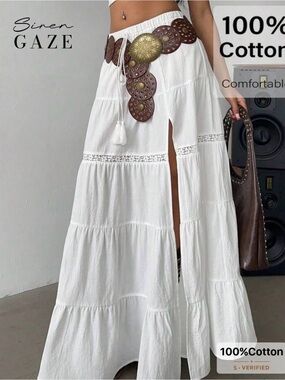 SHEIN White Tiered Maxi Skirt with Side Slit